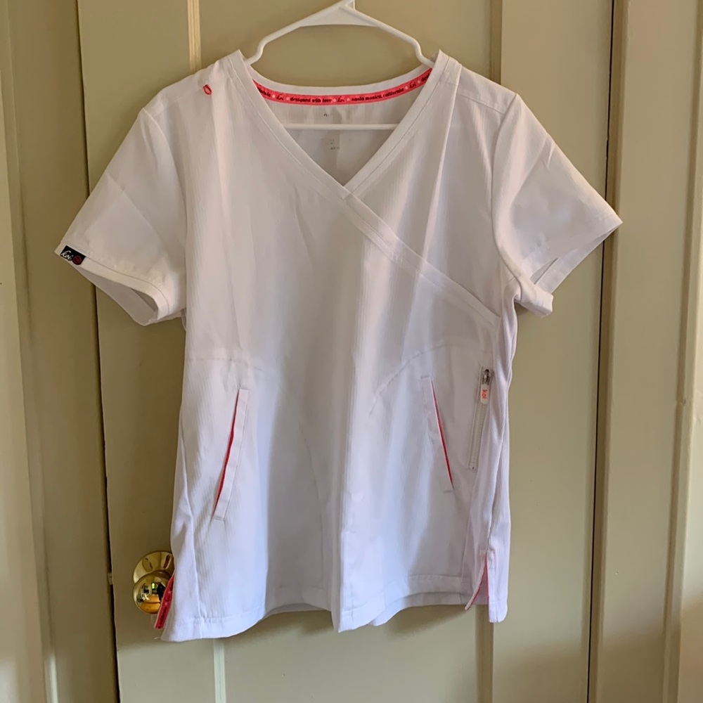 koi White V-Neck Scrub Tops with Pink Trim - Picture 2 of 5